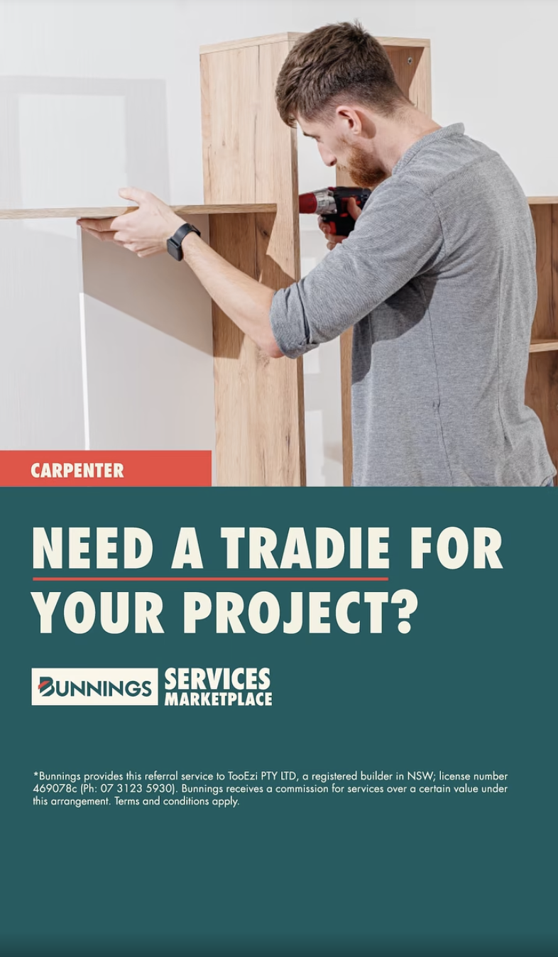 Bunnings Services Marketplace carpenter ad asking if users need a tradie for their project.